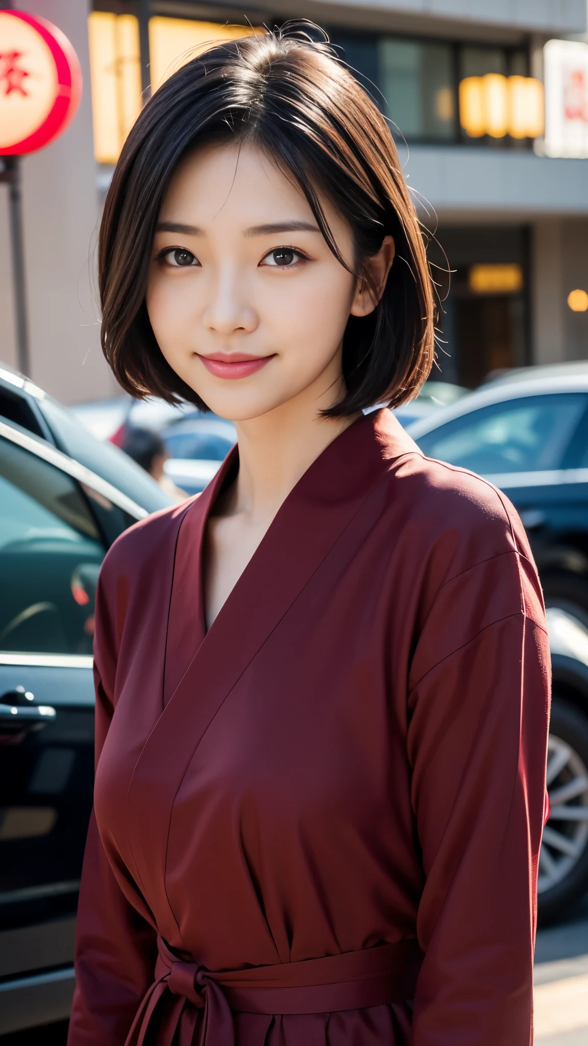 Portrait, 8k, high quality, realistic photographic image, Japanese woman, pretty wife, housewife, natural and realistic eyes, Japanese standing, beautiful black hair, short hair,, accurate rendering, golden ratio composition, laughter, 44 yrs. Hair, light makeup, octane rendering, dim lighting, golden ratio composition, laughter, normal clothes, casual clothes, background of upscale city hotel, walking in parking lot, thick red collar around neck, wearing red heels, background blur, high quality, pure Japanese style, beautiful wife, upper body, light makeup, no makeup. Makeup, neat, plain, red, purple, blue, plain, plain clothes, smiling, black eyes,