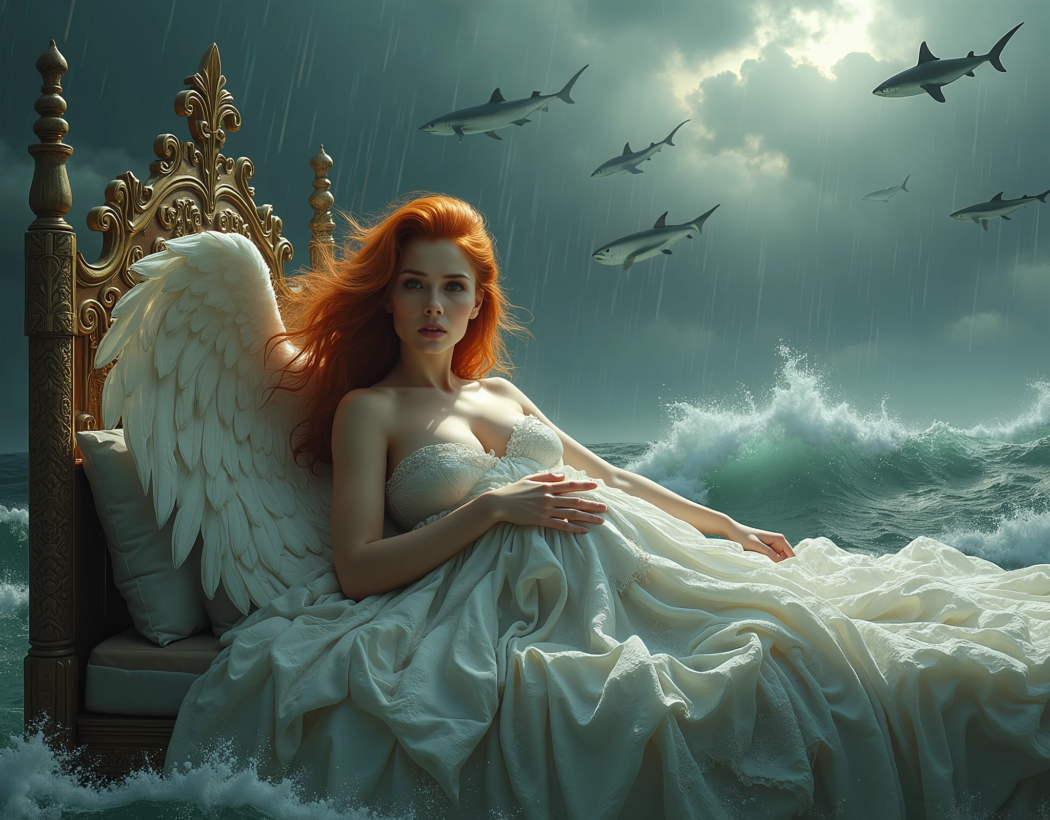 Photorealistic fantasy scene from a dream, mature voluptuous scared angel redhead woman, folded filigree feathered wings, just waking up sitting in her opulent decorated bed, timid, shy, surprised, tears, her filigree bed outdoors (drifting floating in the ocean), desperately holding on her filigree lace blanket, partially covered, one firm breast exposed, her long voluminous hair blowing in the strong wind, thunderstorm, (rough sea background, strong swell, sharks circling her bed, heavy rain), tears, stunning captivating bright eyes looking at viewer, waving red clouds are bed
