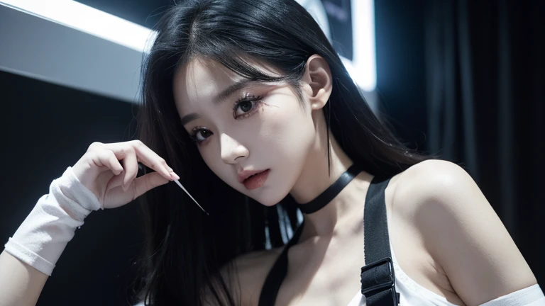 k-popアイドル、She has a cute bandage on her face、Black and white themed clothing、Cyberpunk feel、Beauty、The whole body is reflected、Getting in the rhythm、Black Hair、The bandage is shiny