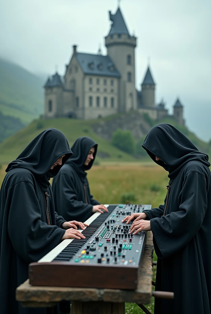 A castle on top of a hill in the distance and in front of it three medieval monks with their faces covered by their hoods and all playing a very complicated synthesizer with many buttons, the image must have bokeh, soft light and a mystical atmosphere, high quality, High resolution, 8k, masterpiece.