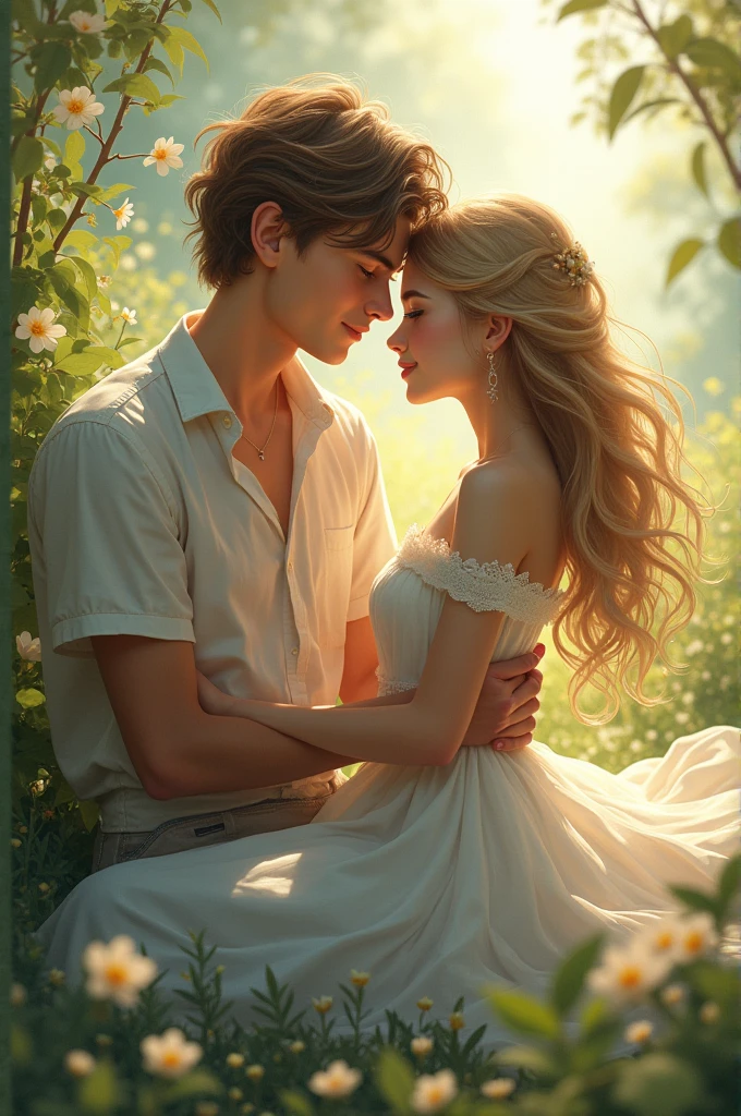 Create a beautiful girl with long hair and blue eyes. Who is sitting on the lap of a beautiful boy with flaffy hair. 