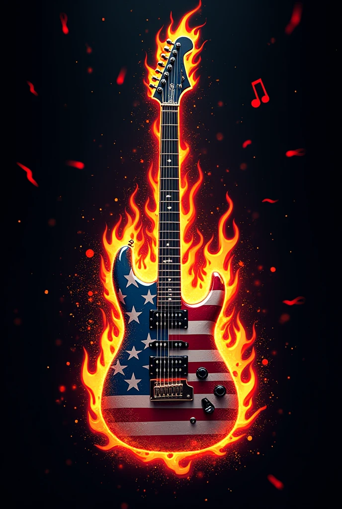 "Design an eye-catching and creative logo for the music band 'Red Hot Chili Peppers.' The centerpiece should be an electric guitar with an American flag theme, incorporating a flowing blend of stars and stripes that wraps around the guitar body. The guitar should have dynamic, flaming details, with flames morphing into chili peppers, creating a sense of movement and intensity.The band name, 'Red Hot Chili Peppers,' should be prominently featured in bold, stylized lettering. The typography should have a modern, edgy look, with each letter appearing to be crafted from sizzling metal or forged iron, glowing as if heated by the flames. Add creative elements like musical notes, lightning bolts, or an eagle subtly integrated into the background to represent the American theme.Use a vibrant color palette with bold reds, deep blues, bright whites, and accents of gold to make the design pop. The overall feel should be energetic, rebellious, and visually striking, capturing both the band's fiery personality and a sense of bold American spirit."