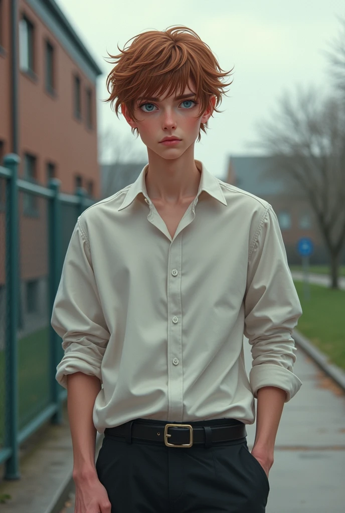 {{upper body, dutch angle}} {{Artist: sincos}} 1boy, young male, soft chestnut short hair, gray eyes, irish, white shirt, black pants belt, outdoors, back of the school, standing, neutral position, pov, modern
same image.