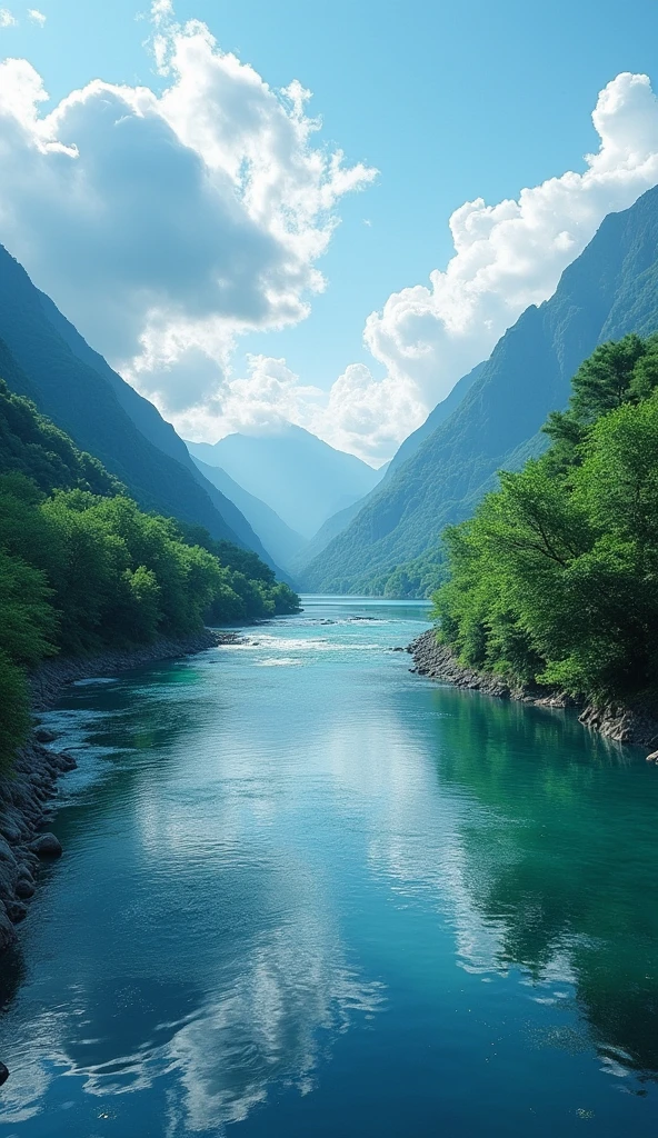 a stunning photograph of a majestic river in japan, beautiful detailed water surface reflecting the clouds above, dramatic light refraction, ultra-detailed, 8k, ray tracing, best quality, wallpaper