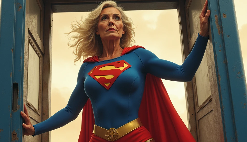 Julie Hagerty(((very beautiful old Supergirl (((1984s costume))); Julie Hagerty))) Super old woman Julie Hagerty; confident, powerful, indestructible, attractive; big and firm chest; strong breasts; saindo de uma cabine telefônica e decolando para o céu, By Georege Perez