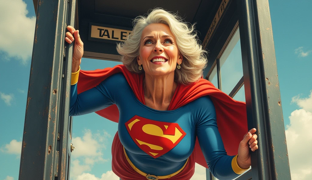 Julie Hagerty(((very beautiful old Supergirl (((1984s costume))); Julie Hagerty))) Super old woman Julie Hagerty; confident, powerful, indestructible, attractive; big and firm chest; strong breasts; saindo de uma cabine telefônica e decolando para o céu, By Georege Perez