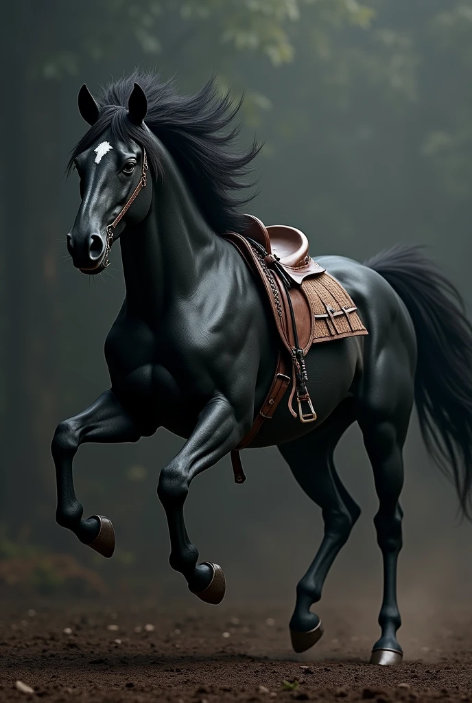 a powerful black stallion, muscular equine anatomy, detailed horse muscles, intricate horse anatomy, dynamic horse pose, wild mustang, vicious stallion, intense equine expression, detailed horse hooves, chiseled horse head, flowing horse mane and tail, rugged horse leather saddle, realistic horse textures, highly detailed horse, cinematic lighting, dramatic shadows, moody atmosphere, hyper realistic, photorealistic