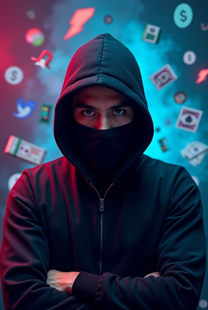 "Create a high-resolution, visually engaging course cover image. The central subject should be a male figure hiding his face with a black mask or ninja-like attire, positioned dynamically in an action pose. The mask should completely obscure the facial features to emphasize anonymity. Use a vibrant and colorful background with a gradient or abstract design that contrasts well with the central figure, incorporating a mix of rich colors like deep blue, purple, and dark gray to add depth and visual interest. Place symbols of financial success, such as dollar signs ($), stacks of bills, or currency icons prominently behind the male figure, ensuring they are bold and eye-catching. Also, integrate images of the TikTok, YouTube, and Kwai app icons into the background, ensuring they are visible and contribute to the theme of video content creation. Include visual references to video editing, such as camera icons, film reels, or editing software icons (like scissors or a timeline), subtly blended into the background but ensuring they complement the main subject. The overall style should be sleek and modern with a balanced composition that highlights the main subject and thematic elements (money, video editing, and app icons) while maintaining a clean and professional look. Avoid any text or written elements. The image should effectively convey the concepts of financial success through video content creation and the presence of popular video platforms while maintaining the theme of anonymity."