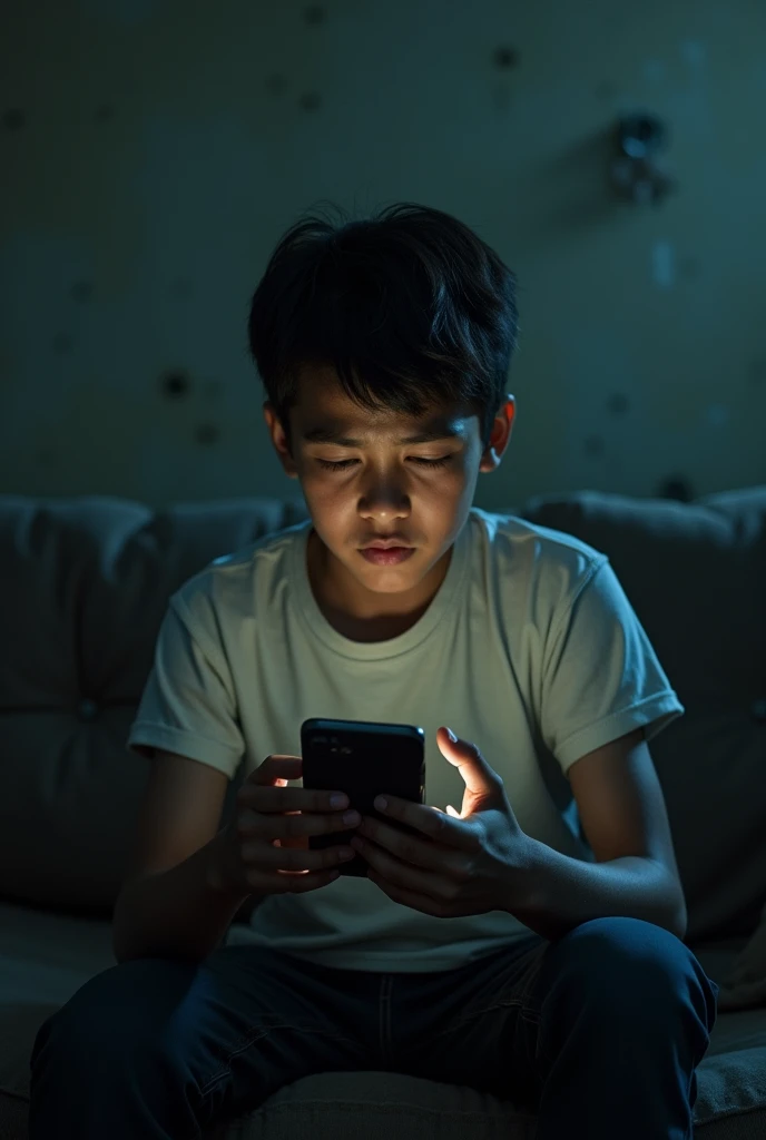 one pinoy teen gay boy holding a phone and madly typing, dark dirty, are in rage sitting in a  couch apart