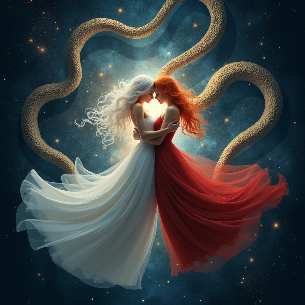 A woman with long white hair,she will wear a long white dress,and a red haired woman,she will wear a very long red dress,they will be hugging without showing their faces,They will be in the serpent constellation and I want them flying in space and the constellation in the background,put a bright glow on their faces