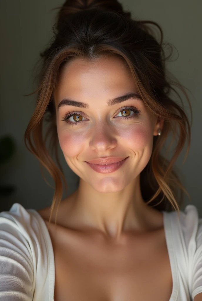 selfie, clin d'œil, jolie femme au visage de bébé, expression attrayante et séduisante, Timide, Cheveux brun, front, se maquiller, yeux bruns, proportion corporelle superlative, , portant une chemise , pantalon jean moulant, Bottes d'ingénieur, Artistique, Hyper, art numérique graphique pas trop TATOUE ou on la voit en entier dans la nature de dos