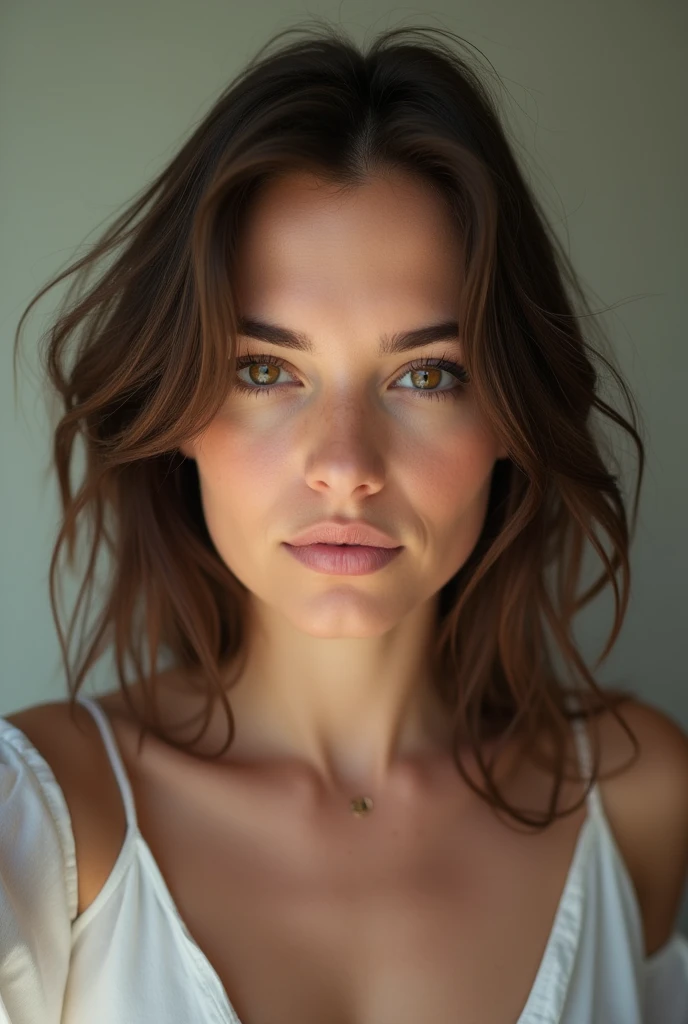 selfie, clin d'œil, jolie femme au visage de bébé, expression attrayante et séduisante, Timide, Cheveux brun, front, se maquiller, yeux bruns, proportion corporelle superlative, , portant une chemise , pantalon jean moulant, Bottes d'ingénieur, Artistique, Hyper, art numérique graphique pas trop TATOUE ou on la voit en entier dans la nature de dos