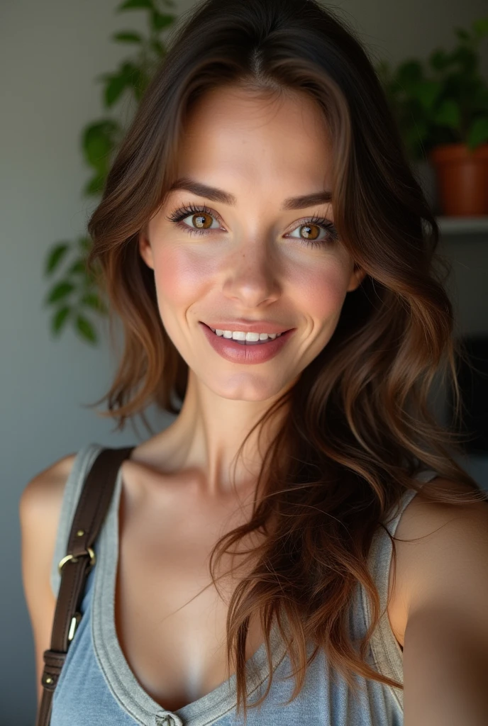 selfie, clin d'œil, jolie femme au visage de bébé, expression attrayante et séduisante, Timide, Cheveux brun, front, se maquiller, yeux bruns, proportion corporelle superlative, , portant une chemise , pantalon jean moulant, Bottes d'ingénieur, Artistique, Hyper, art numérique graphique pas trop TATOUE ou on la voit en entier dans la nature de dos