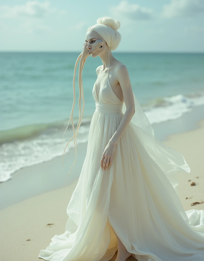 A surrealistic full body photograph of an elegant female humanoid creature with a long elongated neck, white skin and dressed in a flowing gown on the beach. Her head is completely covered by pale fabrics that cover her eyes. She has two very thin tentacles coming out from under her chin hanging down to the ground. It is a surrealistic style of photography in the style of Zdzisław Beksiński