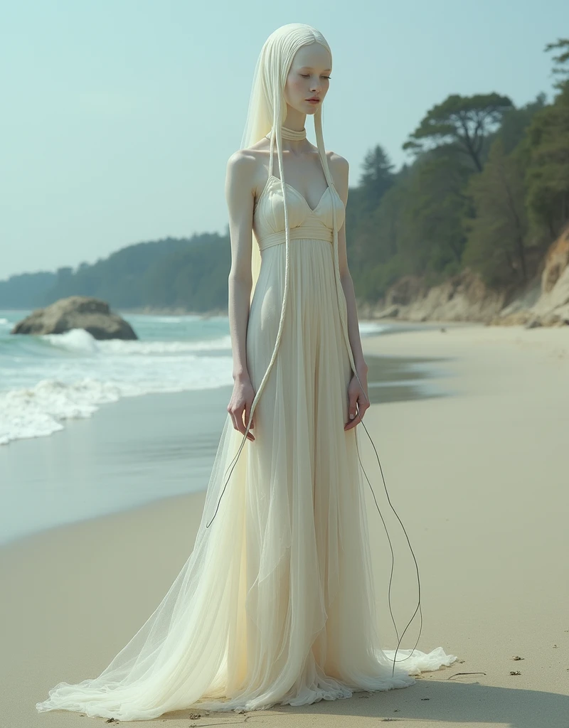 A surrealistic full body photograph of an elegant female humanoid creature with a long elongated neck, white skin and dressed in a flowing gown on the beach. Her head is completely covered by pale fabrics that cover her eyes. She has two very thin tentacles coming out from under her chin hanging down to the ground. It is a surrealistic style of photography in the style of Zdzisław Beksiński