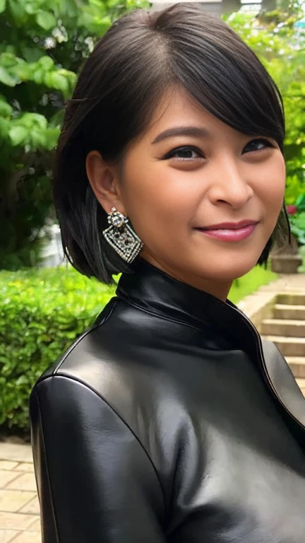 最high quality, 8k, Vibrant, Sharp focus, high quality, High resolution, Middle-aged women, Mature Woman, 5, (Whole Body Ezbian), (High heels face detail, Highly detailed eyes, Plump figure、Plump face、((big 1.6))、(((Large Breasts)))、((Black leather clothing))、garden、Random Hairstyles、A kind smile、