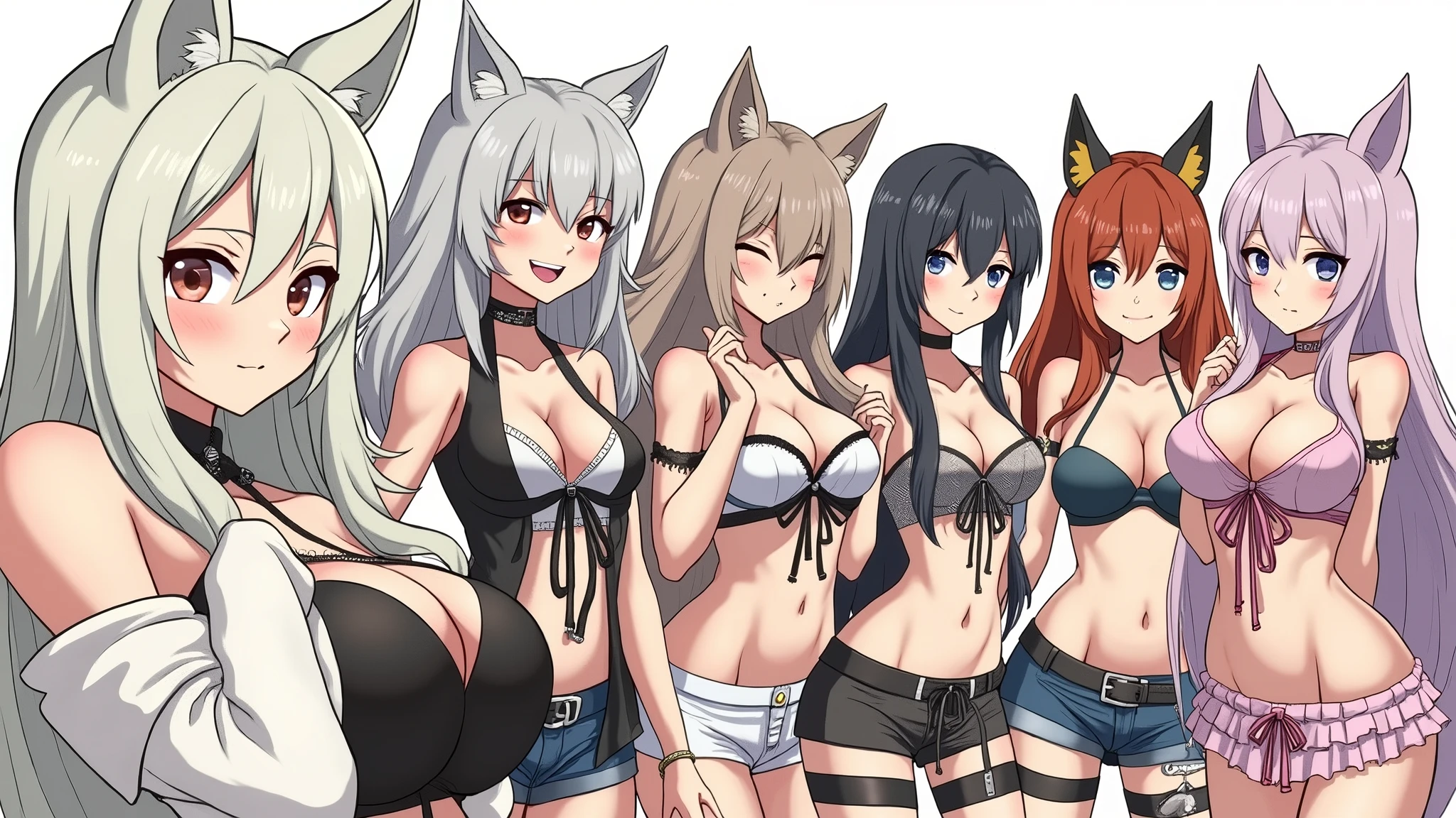 3 females, fox, wolf and raccoon dog, furry, beastman, Animal hair, tail, first round, lead, topless, jeans, long pants, gloves, boots, on all fours