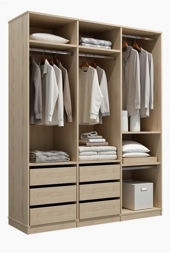 Wardrobe design 3 meters wide and 2 meters high,40 meters high looks well organized and functional. Here is a suggestion for the arrangement of the elements:

1. **Division into Modules:**
   - Divide the 3 meter width into three modules of 1 meter each, which facilitates internal organization and access.

2. **Space for Clothes:**
   - **Module 1 (Left):** Space for long clothes (gowns, Coats), with a coat rack at the top and perhaps a shelf above to store suitcases or less-used items.
   - **Module 2 (downtown):** Space for short clothes (hoodies, blouses, pants), with two hangers, one at the top and one in the middle, optimizing space.
  
3. **Drawers:**
   - **Module 3 (desna):** Place the three drawers at the bottom, occupying about 1,20 meters high. Drawers can be used for underwear, Accessories, and other small items.
  
4. **Space for Trousseaus:**
   - **Module 3 (desna):** Above the drawers, leave a space with adjustable shelves to store linens, like sheets, towels, blankets, etc. 

5. **Upper Shelves:**
   - At the top of each module, You can add shelves to store items that are not used frequently., such as storage boxes or seasonal items.

From the brand INUSITTÁ with dimensions visible in the image.