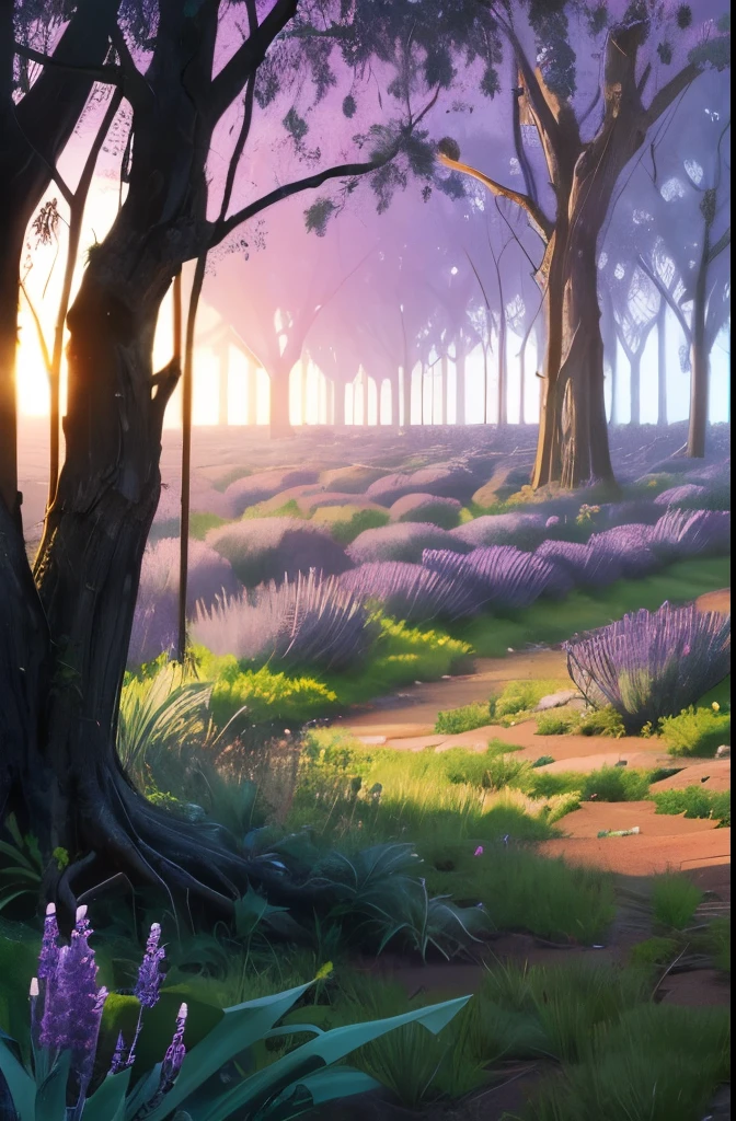 there is a small bush of lavender growing in the garden, strange vegetation, lavender plants, vicious snapping alligator plant, sage, spike - like branches, alexandros pyromallis, overgrowth of grass, “ iron bark, entangled foliage, intricate foreground, willow plant, proteus vulgaris, by Carlo Randanini, overgrown with weeds