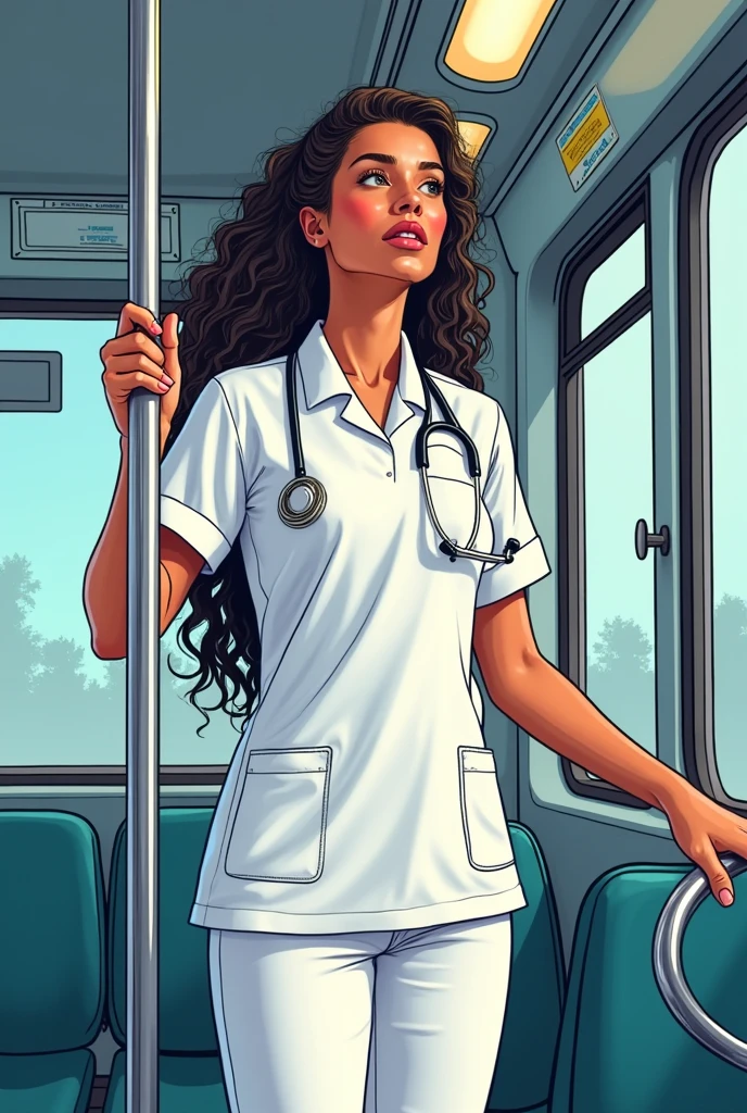 Nursing student on bus. Standing Supported by metal tube ,comic strip design