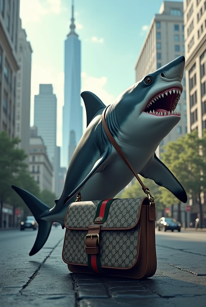 Frankfurt am main skyline,a shark carrying a gucci messenger bag with codeine inside 