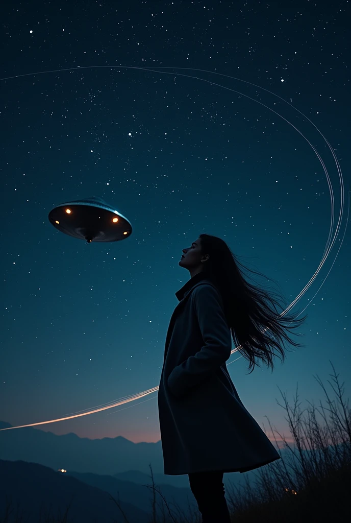 long exposure of starry sky with many circular orbits, focus on the stars, a flying saucer,silhouette of a young European woman with long hair with her hands in the pockets of her coat looking up,golden ratio