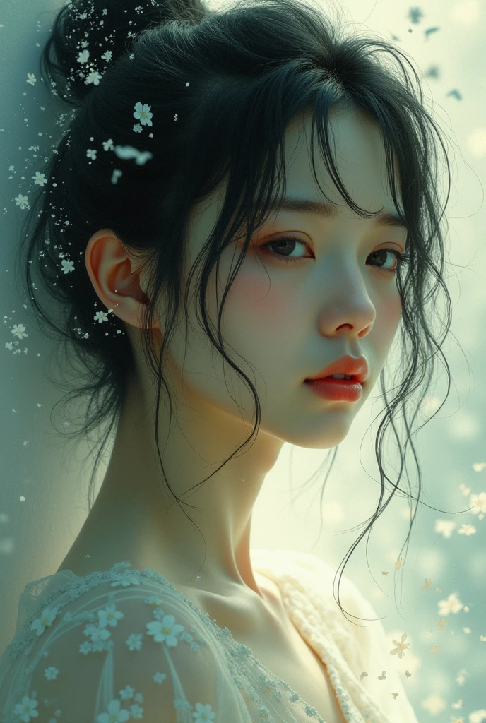 A Japanese woman in disarray in the mirage of love stolen from her lips