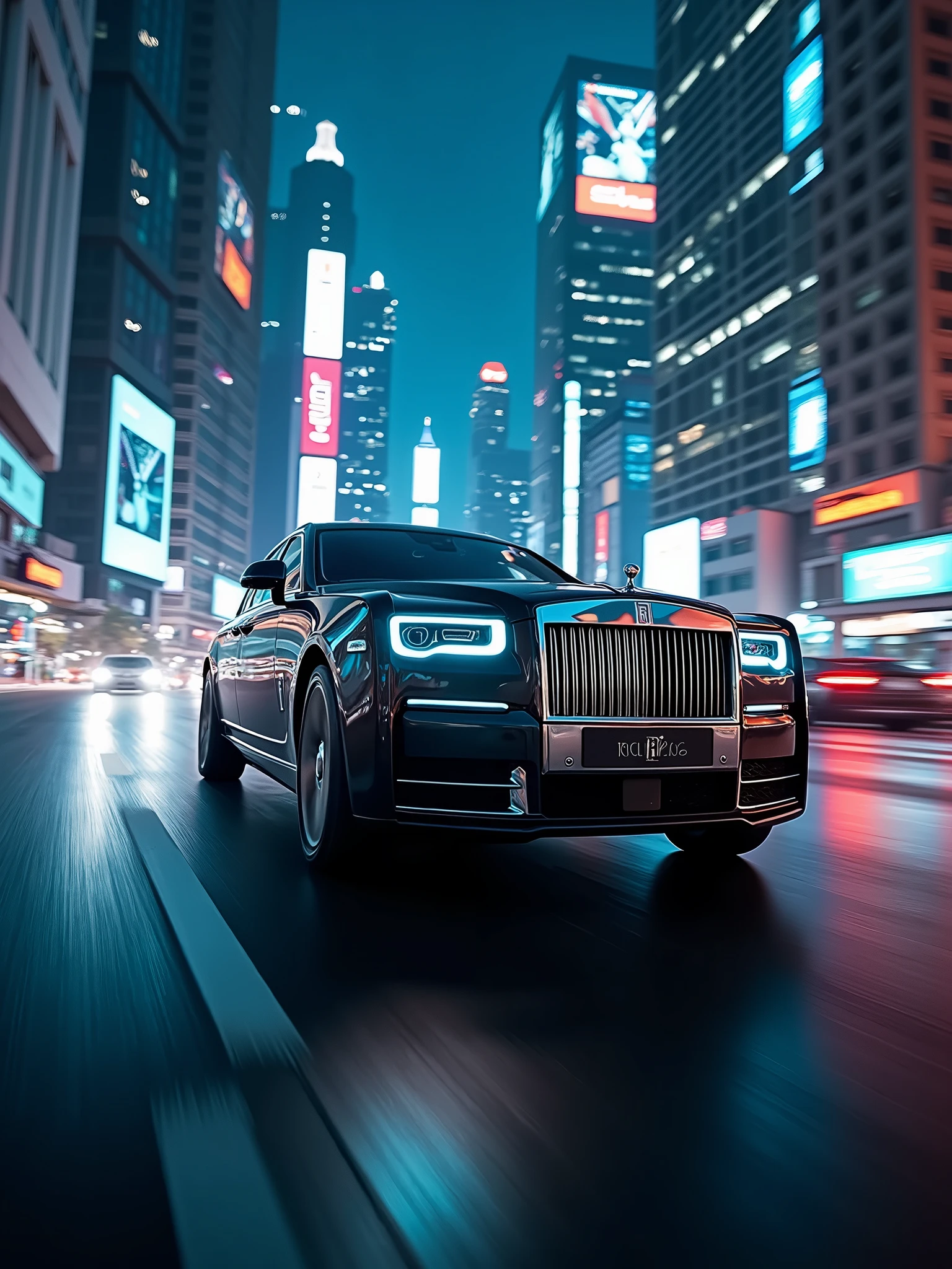 Worm eye view, In New Delhi, India, A sleek Rolls-Royce Ghost V12 Extended glides through metropolis at night. Towering skyscrapers at night view, creating a cinematic urban canyon. The car's polished surface mirrors the city's beauty. Hyper-realistic details capture the essence of luxury amidst futuristic urbanity. Blue tone colour grading