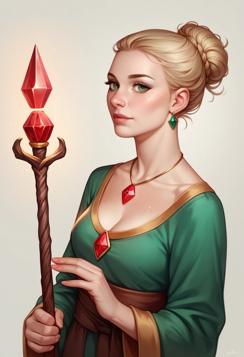 Photographie of A 30-year-old English witch ,her sandy blonde hair curled in a bun, her pale skin dotted with freckles. Her mature gray-green eyes shine with an unearthly intensity as she unleashes the full extent of her light-related magic. She wears a green and orange tunic with a red diamond pendant. In her hand, she holds a magic staff tightly, from which a dazzling aura of light bursts forth. realistic,natural ligth, 8k --v 6.1