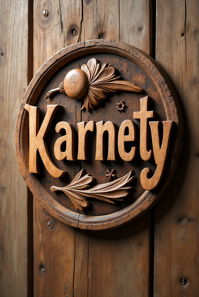 Logo or logotype carved in wood representing a varied food restaurant named Karnety