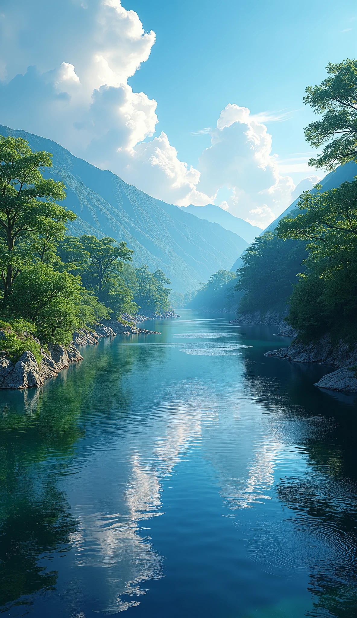 a stunning photograph of a majestic river in japan, beautiful detailed water surface reflecting the clouds above, dramatic light refraction, ultra-detailed, 8k, ray tracing, best quality, wallpaper