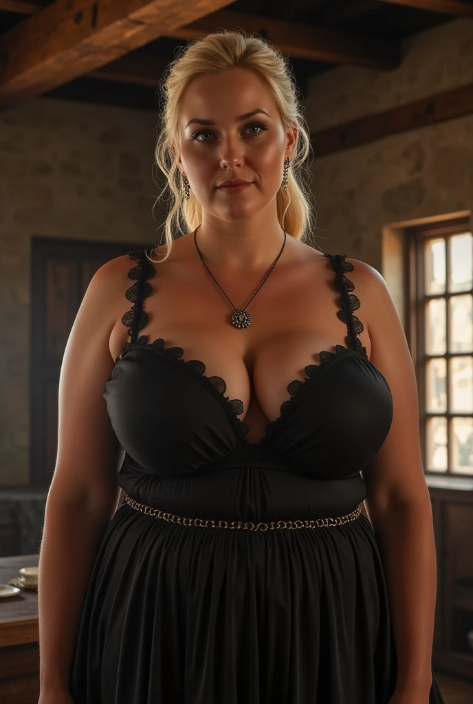 mature woman, Breasts huge, neckleace, simple hull, updo hairstyle, hair blonde, breasts bursting, medium shot, gazing at viewer, medieval fantasy, tavern background,  