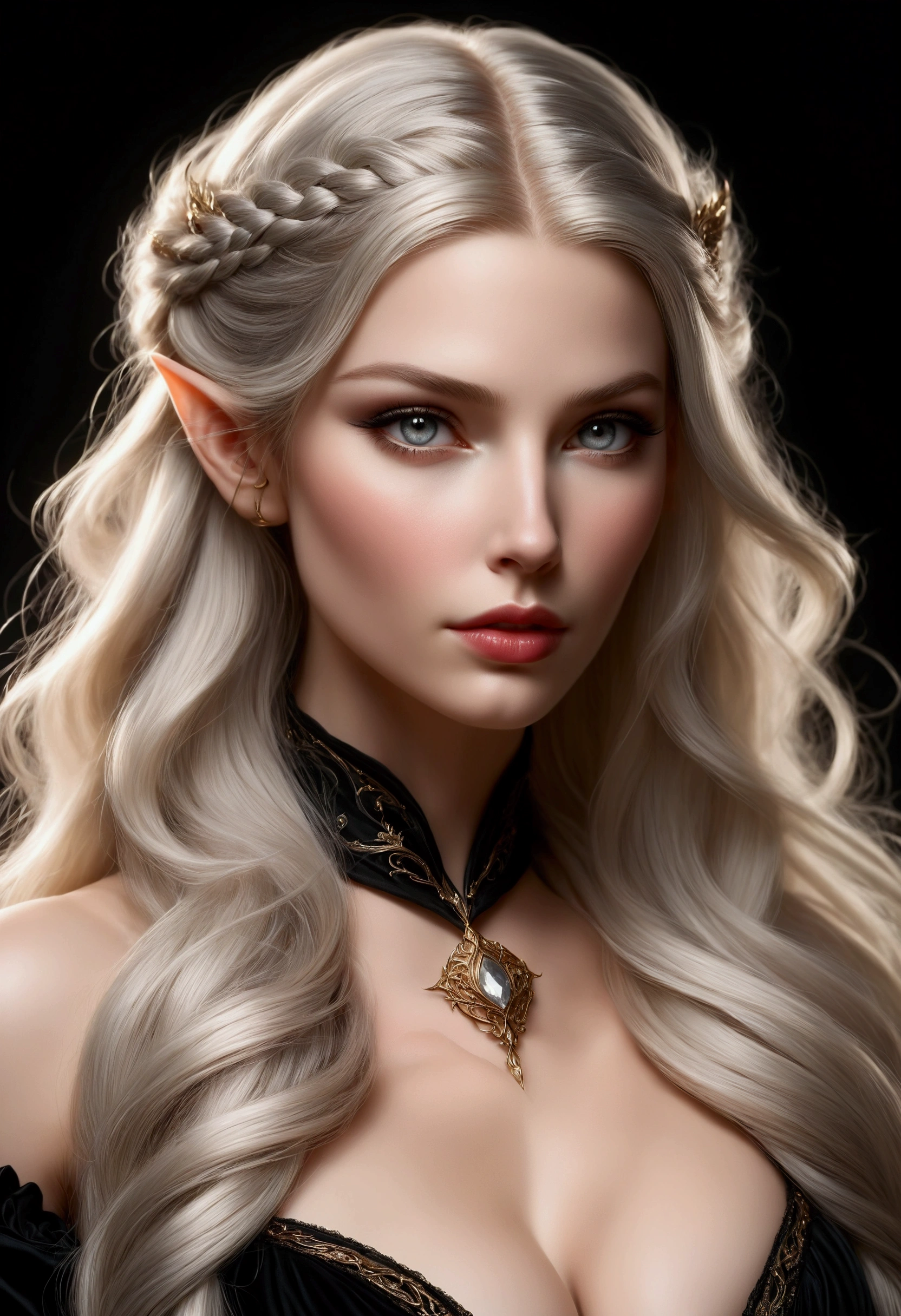 ELVE FEMALE (TOLKIEN) WITH AN HYBRID FACE BETWEEN CLAUDIA SCHIFFER AND GISELE BUNDCHEN , BUST IMAGE STYLE, STUDIO IMAGE STYLE, BLACK INFINITE BACKGROUND, DIFFUSED LIGHTS ON FACE, BACK LIGHTS ON HAIR, LUMINOUS HAIR, CLOSE FACE SHOT, PLATINUM LONG HAIR, HUGE STRAIGHT LONG HAIR, FULL BRAIDED HAIR STYLE, PLATINUM EYEBROWS, VERY PALE SKIN, LUMINOUS SKIN, FEMALE FAIRY, TOLKIEN MITHOLOGY, EXPOSED TIP EARS, HIGH DETAILED ELVE EARS, HIGH DETAILED TIP EARS, HIGH CHEEKBONES, ROSY CHEEKS, EXPRESSIVE LIGHT GRAY EYES, GORGEOUS LIPS, SOFT LIPSTICK, GORGEOUS CURVY BODY, STRONG BODY, SOFT MUSCLES, VOLUMOUS BREASTS, STRAPLESS CLEAVAGE, BLACK VICTORIAN DRESS, ENIGMATIC FACE EXPRESSION, SIDE FACE VIEW, EYES LOOKING TO THE SIDE, TOLKIEN MITHOLOGY, HIGH QUALITY IMAGE, MASTERPIECE, 8K