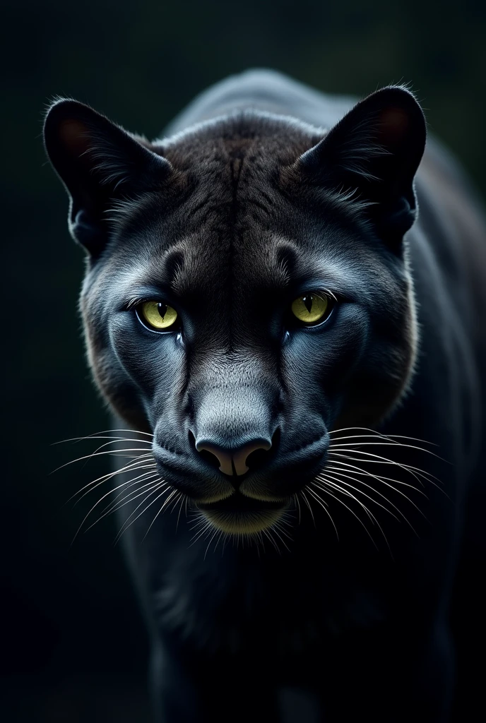 The image is a close-up portrait of a puma. The puma is looking directly at the camera with a somewhat menacing expression. Itsfur is dark and appears to be wet.The image has a dark and mysterious atmosphere.