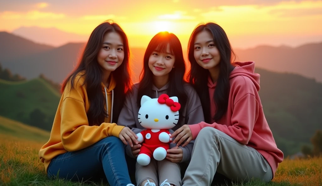 3 beautiful Indonesian adult women, loose hair, big nose, wear a hoodie, long pants, wear sneakers, all faces facing the front camera, sit down, hand holding a hello kitty doll, on a beautiful green hill, beautiful sunset atmosphere, ultra details, minim diffect, realistic, 8k quality image