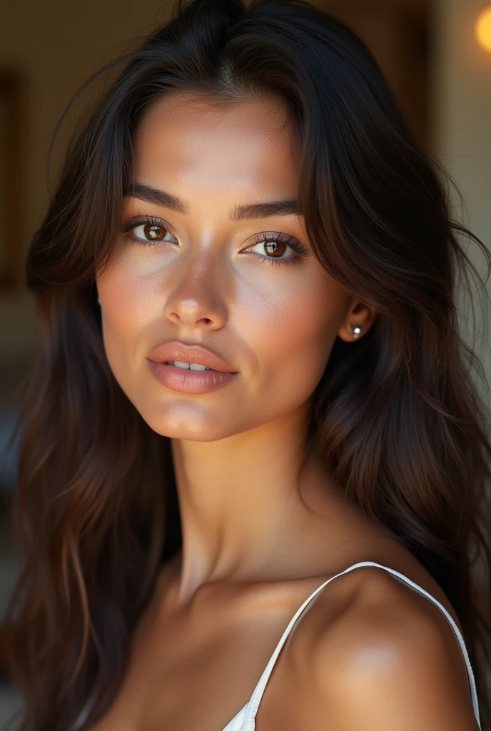 An Argentinian woman, Brown eyes, brunette ,Longs cheveux bruns, nice face, fille idole chaude, beautiful latin woman, maquillage naturel、Soutien-gorge de luxe Dernière coiffure to la mode modèle 2, with makeup, , regarder la caméra, elle fait la promotion de ses seuls fans, ssmile, superior quality、high quality、Photographie extrêmement detailede、Extreme attention to detail、Visage super detailed、Cheveux très detaileds、Corps super detailed, (8k、Photographie RAW、superior quality、head of'oeuvre:1.2)、(realistic、Photorealistic:1.37), yeux parfaits, Iris parfait, Perfect lips, Des dents parfaites, Peau de qualité parfaite, Soft front light, extremely high detail((detailed face:1.2)), ((A Visage detailed、Characterized by thin skin), pale skin, subtlessmile, reflector retaining piece) (perfectly proportioned)(photos realistics)(best quality) (detailed) 、(sharpness) 、Instagram model pose、25 ans, a blond,Poil long, (elle sourit), (to l'Interior of the room: 1.3)