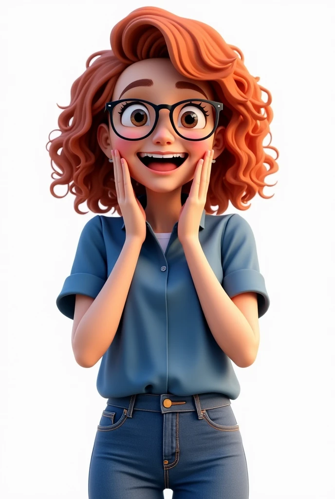 Teacher Mawar Puteri, white background. Full body view, side view. She has brown eyes, red hair, curly hair and medium length hair. She wears glasses, blue blouse and jeans. She has a happy expression of surprise with her hands on her face showing her surprise.