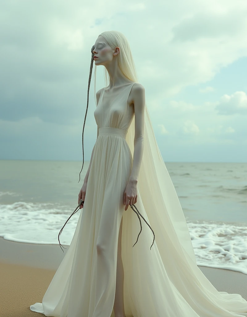 A surrealistic full body photograph of an elegant female humanoid creature with a long elongated neck, white skin and dressed in a flowing gown on the beach. Her head is completely covered by pale fabrics that cover her eyes. She has two very thin tentacles coming out from under her chin hanging down to the ground. It is a surrealistic style of photography in the style of Zdzisław Beksiński