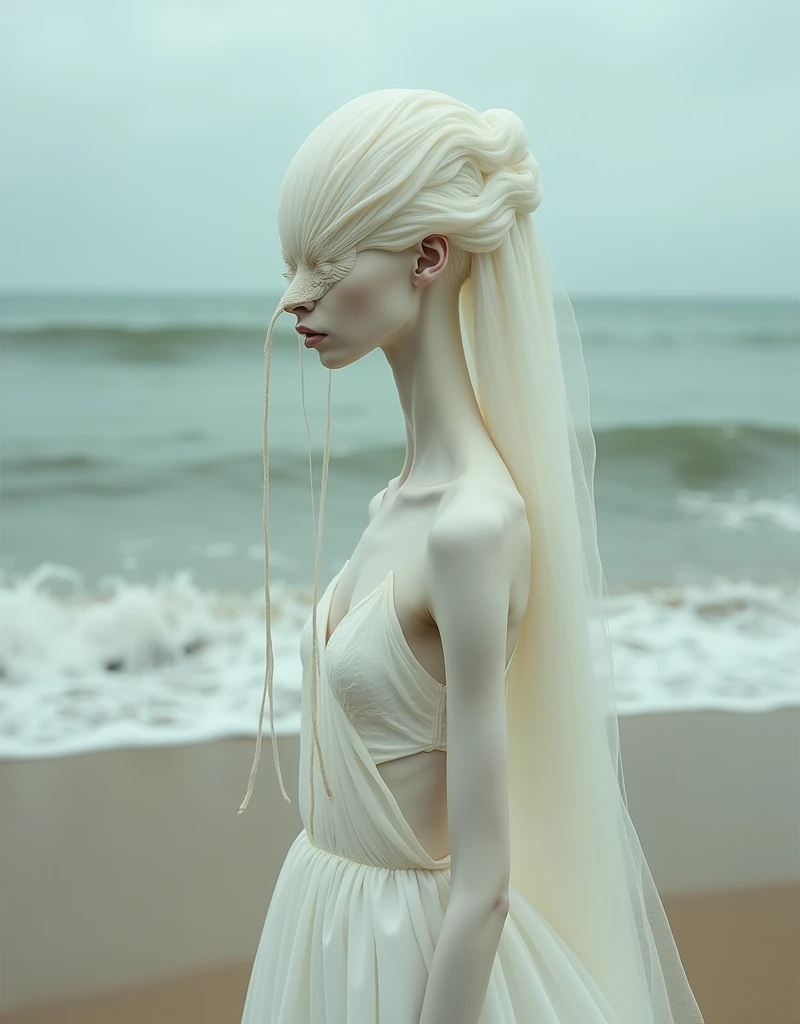 A surrealistic full body photograph of an elegant female humanoid creature with a long elongated neck, white skin and dressed in a flowing gown on the beach. Her head is completely covered by pale fabrics that cover her eyes. She has two very thin tentacles coming out from under her chin hanging down to the ground. It is a surrealistic style of photography in the style of Zdzisław Beksiński