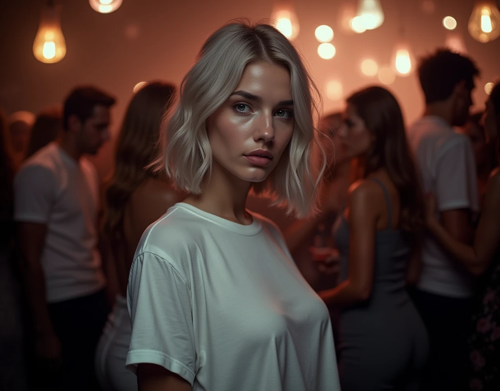 Beautiful girl in full growth, with white skin, light gray hair, Professional full-length photo, realistic, against the backdrop of a crowd at a party, dark atmosphere, Light music, wearing a voluminous T-shirt