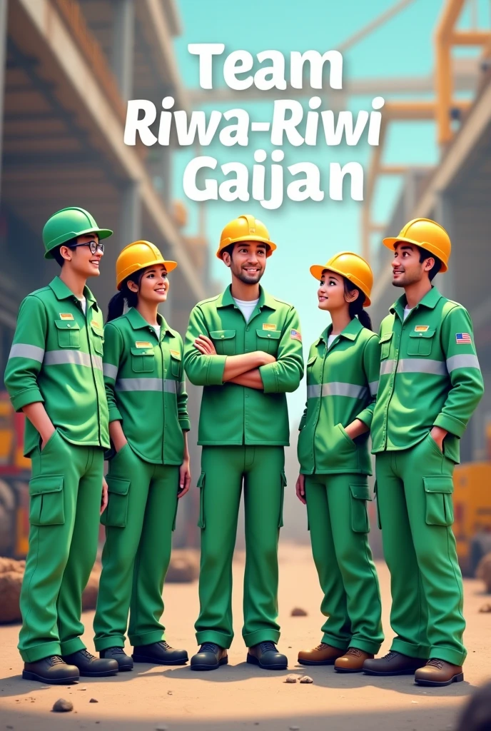 Make me a picture of 5 project workers wearing light green work clothes., dan ada tulisanya team riwa-riwi gajian