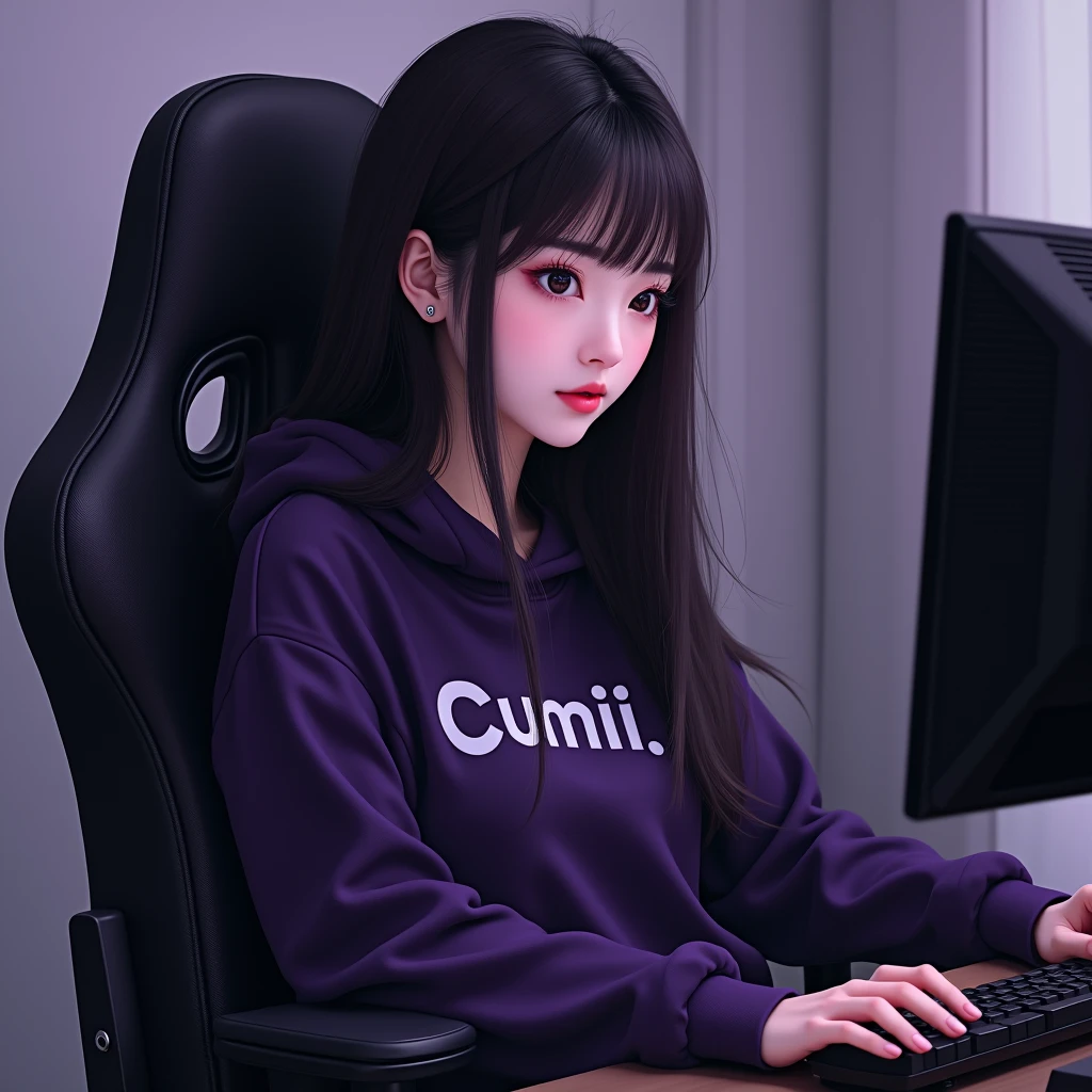 A beautiful Korean woman , long hair , sitting in a gaming chair wearing a dark purple hoodie with a name on it " cumiii "