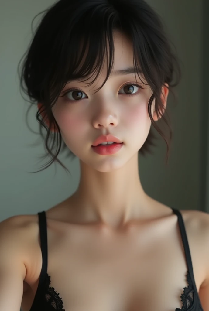 , (1girl:1.2),  (abs:1.23),(huge_breasts:2.0)、she looks away, Blurred Background、Sagging breasts、(Close-up:1.55)、Photorealistic、Japanese、The Beauty of the Japan、Very Short Hair、Boyish Girl、Selfie、Selphy:1.8、underwear、Lace bra、