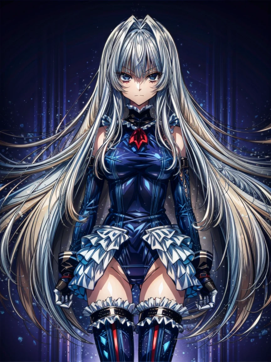 Perfect Anatomy, Highest quality, Rose,,Provocative attitude
(Inside a futuristic base:1.1)(Emotionless,Expressionless:1.4),Anime Style,(Frilled swimsuit, Knee socks, Removed sleeve), (Anime Style:1.4) ,(1 Girl:1.2),
Silver Hair,(White fingers:1.1,Black gloves),Very long hair,Evil Aura,(台の上に横たわる:1.4),full body,
