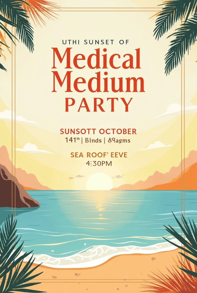 I want a flyer for a sunset party, for the 114th class of Medicine at UFPB. The party is Sunset at Sea, with the name “Medical Medium”, will take place at Sea Rooftop on the 31st/10, at 16:30. I want it in this style: - Pallette: offwhite, yellow, laranj, blue - Chic invitation vibe, New Year's Eve - On the beach, fancy letters; not so fancy