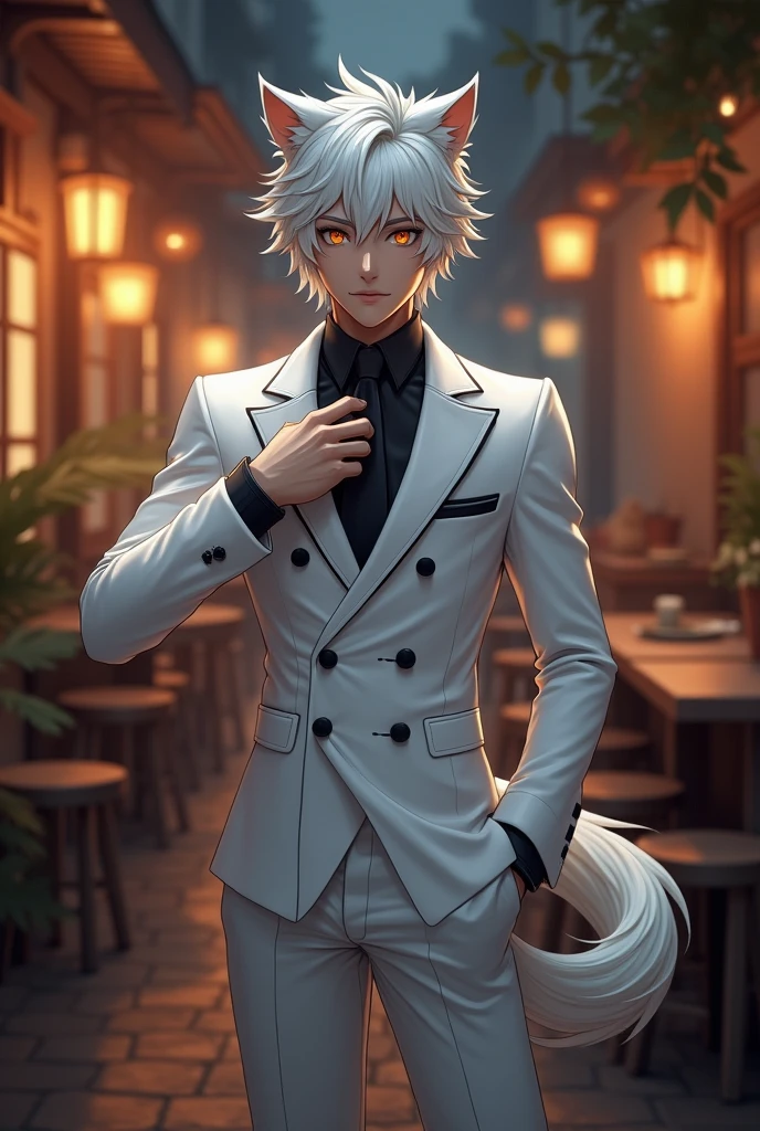 League of Legends debonair Ezreal, but he is nervous; white wolf  ears, white suit, black tie, warm scene (Genshin Impact), smirk, black suit jacket, simp look at viewer in night.