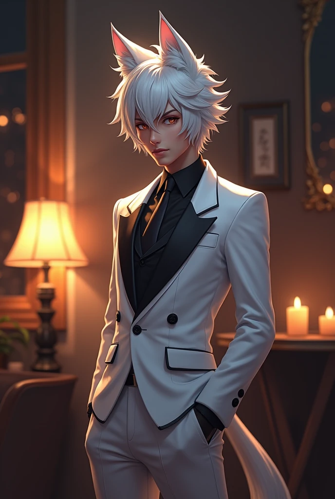 League of Legends debonair Ezreal, but he is nervous; white wolf ears, white suit, black tie, warm scene (Genshin Impact), smirk, black suit jacket, simp look at viewer in night.