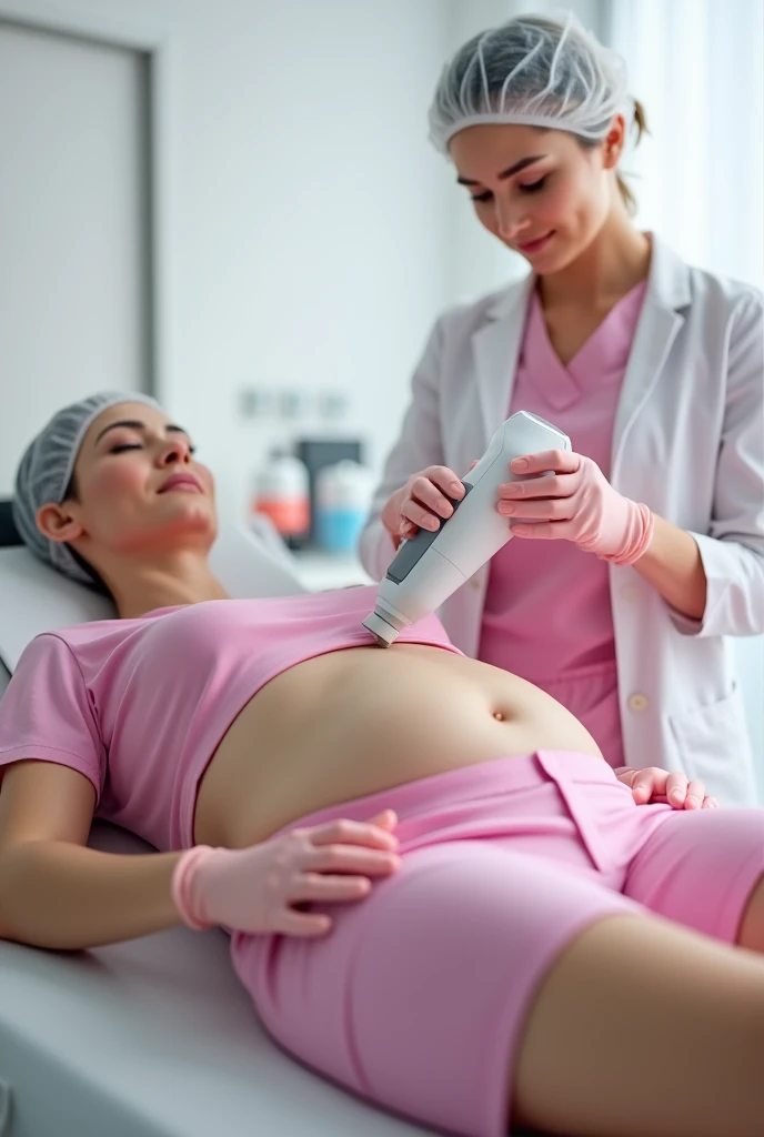 Generate an image of a female patient lying on the stretcher, she has a protruding belly with localized fat in the abdomen region, next to the patient's stretcher a white-skinned Physiotherapist standing using a monopolar Radiofrequency gauntlet, to treat localized fat, the The gauntlet is pointed at the patient's abdomen, close to the navel, the Physiotherapist is dressed in a pink scrub and white coat on top, the Physiotherapist is "Dra.Andreza Irla" The physiotherapist is wearing pink gloves on her hands, light pink mascara, the color of the physiotherapist's hair is and a disposable cap covering her hair
