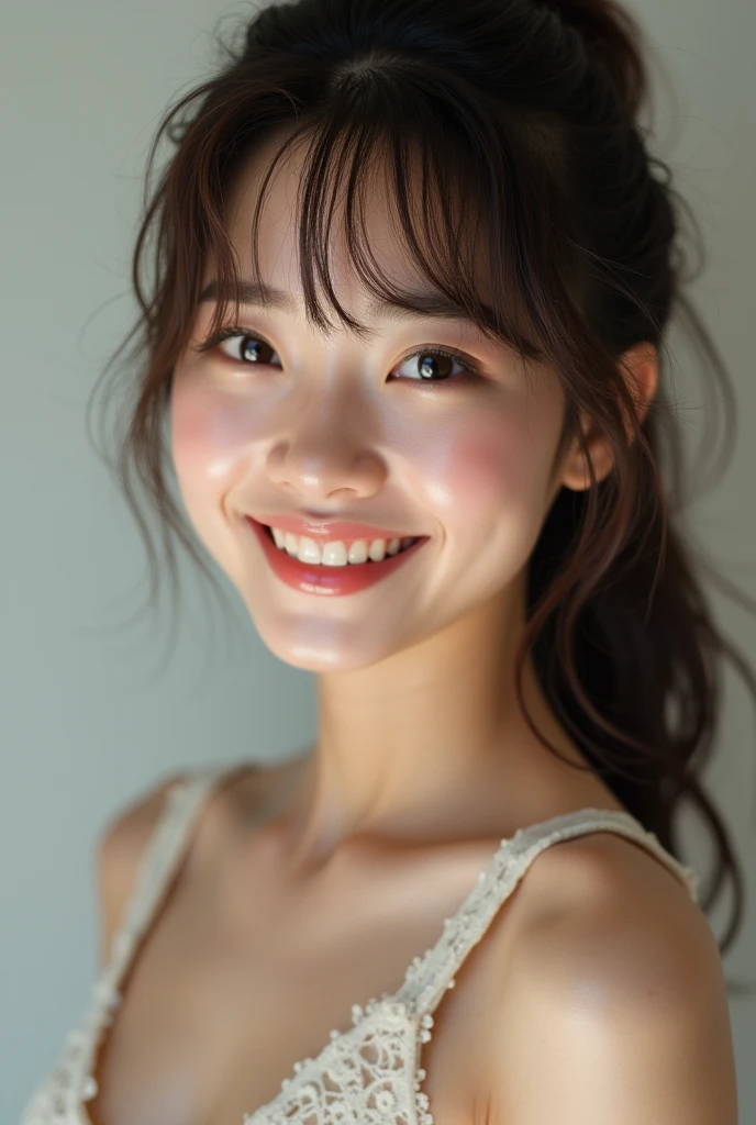Ultra-realistic、Edit Photos、Japanese women、Genuine、White skin、Brown hair tied up in a ponytail、With bangs、Japanese、8kquality、Highest quality、Real Skin、Real skin quality、Natural Skin、Big Breasts、Disheveled clothing、Shadow in the Valley、Smiling face、