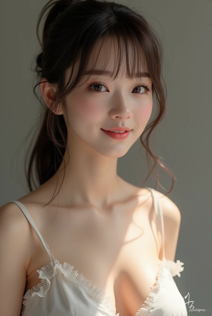 Ultra-realistic、Edit Photos、Japanese women、Genuine、White skin、Brown hair tied up in a ponytail、With bangs、Japanese、8kquality、Highest quality、Real Skin、Real skin quality、Natural Skin、Big Breasts、Disheveled clothing、Shadow in the Valley、Smiling face、
